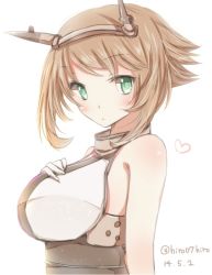 Rule 34 | 10s, 1girl, bad id, bad pixiv id, body blush, breasts, brown hair, green eyes, hiro (hirohiro31), kantai collection, large breasts, mutsu (kancolle), personification, short hair, simple background, solo, upper body, white background