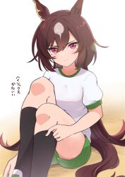 Rule 34 | 1girl, adjusting sock, alternate costume, animal ears, black socks, breasts, brown hair, closed mouth, commentary request, den den tumuri, ear ornament, feet out of frame, green shorts, hair between eyes, highres, horse ears, horse girl, horse tail, kneehighs, knees up, long hair, looking at viewer, medium breasts, multicolored hair, on ground, red eyes, shirt, short sleeves, shorts, sirius symboli (umamusume), socks, solo, streaked hair, tail, translation request, umamusume, very long hair, white hair, white shirt