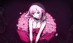 Rule 34 | 1girl, bare arms, breasts, cleavage, detached collar, dress, flower, hair flower, hair ornament, highres, hololive, hololive english, large breasts, long hair, looking at viewer, lying, mori calliope, mori calliope (party dress), on back, petals in mouth, pink eyes, pink flower, pink hair, pink rose, red dress, rose, skull, solo, strapless, strapless dress, upper body, v arms, virtual youtuber, yaguo