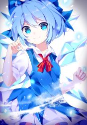 Rule 34 | 1girl, blue bow, blue eyes, blue hair, blush, bow, cirno, closed mouth, dress, hair between eyes, hair bow, ice, ice wings, looking at viewer, pinafore dress, puffy short sleeves, puffy sleeves, short hair, short sleeves, shu (pjxv7485), simple background, sleeveless dress, smile, solo, touhou, wings