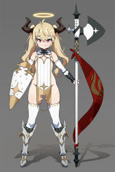 Rule 34 | 1girl, ahoge, armored boots, bad id, bad pixiv id, bare shoulders, blonde hair, blush, boots, cleavage cutout, closed mouth, clothing cutout, elbow gloves, eyebrows, eyelashes, flat chest, full body, gloves, gradient background, grey background, groin, hair between eyes, halberd, halo, hand on own hip, highres, holding, holding polearm, holding weapon, horns, knee boots, legs apart, long hair, looking at viewer, lorya (waterkuma), no bra, no panties, original, polearm, red eyes, revealing clothes, shield, shiny skin, simple background, skindentation, smile, solo, standing, tabard, thighhighs, twintails, two side up, waterkuma, weapon, white thighhighs