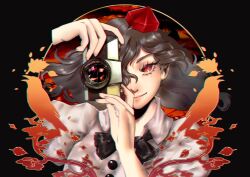 Rule 34 | 1girl, absurdres, bird, black background, black bow, black bowtie, black hair, bow, bowtie, camera, chromatic aberration, closed mouth, commentary, crow, hat, highres, holding, holding camera, looking at viewer, luo qiangwei, medium hair, red eyes, red hat, shameimaru aya, solo, touhou, upper body