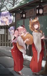 Rule 34 | 3girls, :o, absurdres, animal ear fluff, animal ears, bamboo broom, bare tree, black ribbon, blonde hair, breath, broom, closed eyes, commentary request, commission, day, fox ears, fox tail, hair between eyes, hair ribbon, hakama, hakama skirt, highres, hip vent, hugging another&#039;s tail, hugging tail, japanese clothes, light purple hair, long hair, long sleeves, low twintails, miko, multiple girls, nanana (nanana iz), open mouth, original, outdoors, peeking out, pink hair, purple eyes, ribbon, sandals, skeb commission, skirt, snow, snowing, tabi, tail, tree, twintails, wide sleeves, winter, yellow eyes, zouri