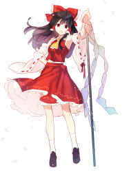 Rule 34 | 1girl, armpits, ascot, bare shoulders, black hair, bow, detached sleeves, frilled hair tubes, frills, gohei, hair bow, hair tubes, hakurei reimu, hand on own hip, japanese clothes, long hair, looking at viewer, miko, petals, red bow, red eyes, red skirt, red vest, ribbon trim, riichu, simple background, skirt, skirt set, socks, solo, touhou, unconnected marketeers, vest, white socks, yellow ascot