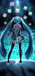 Rule 34 | 1girl, ahoge, aqua hair, arm behind back, audience, backless dress, backless outfit, backlighting, bare shoulders, black skirt, black sleeves, black thighhighs, cable, commentary, concert, cube, detached sleeves, dress, from behind, full body, glowstick, grey dress, hair ornament, hatsune miku, headphones, highres, holding, holding microphone, itogari, long hair, magical mirai (vocaloid), magical mirai miku, magical mirai miku (2014), microphone, miniskirt, penlight (glowstick), pleated skirt, skirt, sparkle, stage, standing, thighhighs, twintails, very long hair, vocaloid, zettai ryouiki