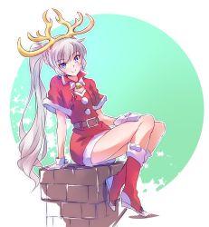Rule 34 | 1girl, antlers, blue eyes, boots, capelet, chimney, earrings, highres, horns, iesupa, jewelry, long hair, outside border, ponytail, round image, rwby, santa costume, scar, scar across eye, scar on face, side ponytail, solo, weiss schnee, white hair