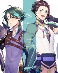 Rule 34 | 2boys, ahoge, arm tattoo, bead necklace, beads, black hair, closed mouth, crossover, facial mark, forehead mark, genshin impact, green hair, jewelry, law (tales), long hair, male focus, miryoryo9, multicolored hair, multiple boys, necklace, open mouth, simple background, tales of (series), tales of arise, tassel, tattoo, xiao (genshin impact), yellow eyes