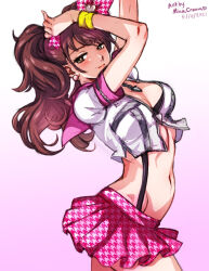 Rule 34 | 1girl, artist name, blush, breasts, brown eyes, brown hair, cleavage, closed mouth, commentary, dated, english commentary, hair ribbon, kujikawa rise, long hair, looking at viewer, medium breasts, midriff, mina cream, miniskirt, navel, official alternate costume, persona, persona 4, persona 4: dancing all night, persona dancing, pink ribbon, pink skirt, ribbon, shirt, short sleeves, skirt, smile, solo, stomach, suspenders, twintails, white shirt