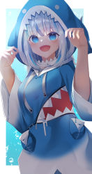 Rule 34 | 1girl, :d, absurdres, air bubble, blue eyes, blue hair, blue hoodie, blush, breasts, bubble, commentary request, drawstring, gawr gura, gawr gura (1st costume), hands up, highres, hololive, hololive english, hood, hood down, hoodie, multicolored hair, open mouth, sharp teeth, silver hair, small breasts, smile, solo, streaked hair, suisen-21, teeth, virtual youtuber