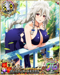 Rule 34 | 1girl, bare shoulders, blue bow, blue dress, bow, braid, breasts, card (medium), chess piece, cleavage, dress, female focus, grayfia lucifuge, grey hair, high school dxd, large breasts, long hair, looking at viewer, maid headdress, mature female, o-ring, o-ring top, official art, parted lips, queen (chess), red eyes, smile, solo, twin braids