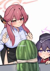 2girls :/ :o absurdres ahoge aru_(blue_archive) black_skirt blue_archive blush breasts brown_horns collared_shirt demon_horns dot_nose double-parted_bangs exploding_watermelon_challenge food fruit garrison_cap hair_on_horn hair_over_shoulder halo hand_on_table hands_up haruka_(blue_archive) hat highres horns iog626 large_breasts long_hair long_sleeves looking_at_object multiple_girls pencil_skirt pink_hair pink_halo purple_eyes purple_hair purple_halo raised_eyebrows rubber_band shirt side_slit skirt trembling v-shaped_eyebrows waiting watermelon white_shirt