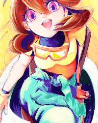 Rule 34 | 1girl, arms (game), brown hair, fingerless gloves, gloves, goggles, goggles around neck, looking at viewer, looking up, mechanica (arms), nintendo, open mouth, purple eyes, smile, solo