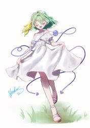 Rule 34 | 1girl, 72mikan 1687, :d, alternate costume, bare shoulders, blush, bow, closed eyes, clothes pull, collarbone, commentary request, dress, dress pull, full body, grass, green eyes, hair between eyes, hair bow, hairband, happy, heart, heart of string, highres, komeiji koishi, medium hair, no headwear, open mouth, puffy short sleeves, puffy sleeves, pulling own clothes, sandals, short sleeves, signature, simple background, smile, solo, standing, third eye, touhou, wavy hair, white background, white dress, white footwear, yellow bow, yellow hairband
