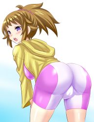 Rule 34 | 1girl, ass, bent over, bike shorts, blush, breasts, brown hair, cameltoe, cowboy shot, from behind, gundam, gundam build fighters, gundam build fighters try, hair ornament, hair scrunchie, hood, hoodie, hoshino fumina, konno tohiro, large breasts, long sleeves, looking at viewer, looking back, open clothes, open hoodie, open mouth, ponytail, purple eyes, scrunchie, skin tight, solo, thighs, trefoil