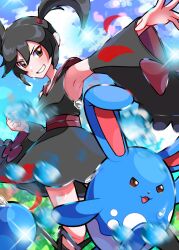 Rule 34 | armpits, azumarill, black hair, black kimono, brown eyes, clenched hand, cloud, creatures (company), detached sleeves, furisode girl (pokemon), furisode girl kali, game freak, gen 2 pokemon, highres, japanese clothes, kimono, looking at viewer, monaka mom, nintendo, pokemon, pokemon masters ex, red sash, sash, smile, sweat, teeth, twintails, wide sleeves