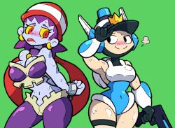 Rule 34 | 2girls, blue skin, blush, breasts, cleavage, colored sclera, colored skin, company connection, cuffs, handcuffs, leotard, lips, mighty switch force!, multiple girls, narrow waist, navel, patricia wagon, purple hair, red eyes, risky boots, shantae (series), shenanimation, simple background, thick thighs, thighs, wayforward, wide hips, yellow sclera