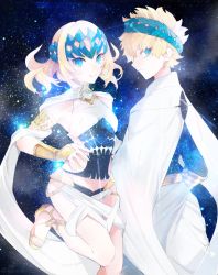 Rule 34 | 1boy, 1girl, armlet, artist request, back, bad id, bad pixiv id, black shirt, blonde hair, blue eyes, bracer, breasts, brother and sister, castor (fate), closed mouth, diadem, fate/grand order, fate (series), gemini (constellation), gemini (symbol), halterneck, highres, looking at viewer, looking back, medium hair, pollux (fate), robe, sandals, shirt, short hair, siblings, sky, small breasts, smile, star (sky), starry sky, thighs, twins, white robe, zarame0
