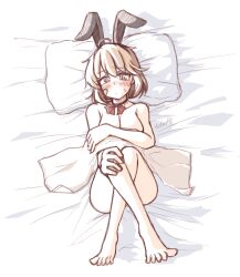 Rule 34 | 1girl, animal ears, bandaid, bandaid on face, barefoot, bow, bowtie, breasts, brown eyes, brown hair, cleavage, commentary request, fake animal ears, highres, kantai collection, lying, medium breasts, nude, oboro (kancolle), pillow, rabbit ears, red bow, red bowtie, short hair, solo, tatahai