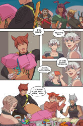 Rule 34 | 5boys, 5girls, alisaie leveilleur, alphinaud leveilleur, animal ears, artist name, bandaged hand, bandages, bare arms, bare shoulders, beard, blank eyes, book, brother and sister, brown hair, carrying, cat ears, colored skin, comic, cup, dark-skinned female, dark skin, disgust, dress, drooling, elezen, elf, english text, facial hair, facial scar, fang, final fantasy, final fantasy xiv, fingerless gloves, g&#039;raha tia, gloves, grey hair, grey skin, hand on another&#039;s cheek, hand on another&#039;s face, highres, left-to-right manga, long hair, long sleeves, looking at another, low ponytail, miqo&#039;te, mouth drool, multiple boys, multiple girls, pointy ears, ponytail, rabbit ears, roegadyn, scar, scar on cheek, scar on face, shaded face, shirt, short hair, siblings, sleeveless, smile, surfacage, table, tan, tentacles, twintails, urianger augurelt, viera, warrior of light (ff14), y&#039;shtola rhul