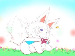 Rule 34 | animal, blush stickers, bow, cape, chibi, commentary request, fate/grand order, fate (series), fluffy, fou (fate), grass, messy hair, open mouth, purple eyes, sako (bosscoffee), sketch, solo, standing, tail
