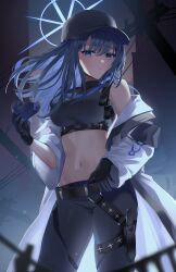 Rule 34 | 1girl, absurdres, bare shoulders, baseball cap, black gloves, black hat, black pants, black shirt, blue archive, blue eyes, blue hair, breasts, coat, commentary, cowboy shot, crop top, gloves, hat, highres, holding, holding mask, k cyp, large breasts, leggings, long hair, looking at viewer, mask, midriff, navel, off shoulder, open clothes, open coat, pants, saori (blue archive), shirt, solo, standing, stomach, thighs, white coat
