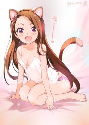 Rule 34 | 1girl, animal ears, arm support, bare legs, bare shoulders, barefoot, bow, bracelet, breasts, brown eyes, brown hair, camisole, cat ears, cat tail, cleavage, earrings, hair bow, hairband, highres, idolmaster, idolmaster (classic), inoue sora, jewelry, leaning forward, long hair, looking at viewer, minase iori, open mouth, panties, pink eyes, pink panties, print panties, sitting, small breasts, solo, swept bangs, tail, twitter username, underwear, underwear only, wariza