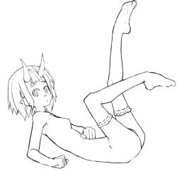 Rule 34 | 1girl, breasts, female focus, from side, full body, horns, kimura akiyoshi, legs up, looking at viewer, monochrome, nude, original, pointy ears, short hair, simple background, small breasts, socks, solo, tagme, white background