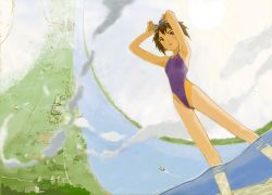 Rule 34 | 1girl, arms up, blue one-piece swimsuit, breasts, brown eyes, brown hair, commentary request, competition swimsuit, goggles, goggles on head, kasahara tetsurou, looking to the side, one-piece swimsuit, original, outdoors, partially submerged, ringworld, short hair, solo, standing, swimsuit, two-tone swimsuit