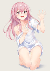 Rule 34 | 1girl, bare legs, bare shoulders, barefoot, blush, collarbone, commentary request, grey background, grey eyes, hair between eyes, hands up, highres, inui sajuna, irohara, kneeling, long hair, looking at viewer, no pants, off-shoulder shirt, off shoulder, open mouth, panties, pink hair, shadow, shirt, short sleeves, solo, sono bisque doll wa koi wo suru, tears, thighs, underwear, v-shaped eyebrows, very long hair, white panties, white shirt