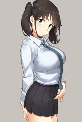Rule 34 | 1girl, absurdres, black skirt, blue necktie, breasts, brown hair, closed mouth, green eyes, grey background, hatakenaka (kamagabuchi), highres, large breasts, long sleeves, looking at viewer, necktie, original, pleated skirt, shirt, short hair, simple background, skirt, smile, solo, thighs, twintails, white shirt