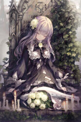 Rule 34 | 1girl, architecture, black dress, black footwear, black ribbon, bouquet, candle, closed eyes, closed mouth, commentary request, day, dress, feet out of frame, flower, fog, frilled dress, frills, goth fashion, gothic architecture, gothic lolita, hair flower, hair ornament, hair ribbon, highres, lolita fashion, long hair, long sleeves, missile228, original, outdoors, pantyhose, puffy long sleeves, puffy sleeves, purple hair, ribbon, self birthday, shoes, sidelocks, sitting, sleeping, sleeping upright, solo, white flower, white pantyhose, yokozuwari