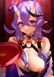 Rule 34 | 1girl, bare shoulders, between breasts, breasts, choker, cup, feather trim, hair between eyes, hair tubes, highres, horns, japanese clothes, large breasts, multicolored hair, nijisanji, nipples, o-ring, o-ring top, pointy ears, purple eyes, purple hair, rindou mikoto, sakazuki, short eyebrows, skin-covered horns, solo, thick eyebrows, two-tone hair, urokong, virtual youtuber