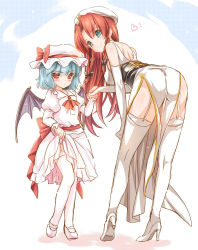 Rule 34 | 2girls, alternate costume, ass, bat wings, bent over, blue hair, bow, braid, child, dress shirt, elbow gloves, garter straps, gloves, hair bow, heart, high heels, holding hands, hong meiling, long hair, mary janes, monety, multiple girls, red eyes, red hair, remilia scarlet, shirt, shoes, smile, thighhighs, touhou, twin braids, white gloves, white legwear, wings