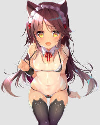 Rule 34 | 1girl, :d, animal ear legwear, animal ears, areola slip, black bra, black panties, black thighhighs, bra, breasts, brown hair, detached collar, fang, grey background, highres, long hair, looking at viewer, maid headdress, navel, one-piece tan, open mouth, original, panties, pulled by self, shiny skin, sidelocks, simple background, sitting, skin fang, small breasts, smile, solo, stomach, strap pull, tan, tanline, thighhighs, underwear, underwear only, very long hair, wrist cuffs, yanagi yuu, yellow eyes