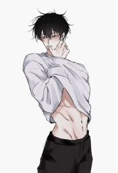 Rule 34 | 1boy, abdominal line, black hair, black pants, blush, closed mouth, clothes lift, grey eyes, hand up, kim euihyun, long hair, long sleeves, looking to the side, low tide in twilight, pants, shirt, shirt lift, simple background, solo, white background, white shirt