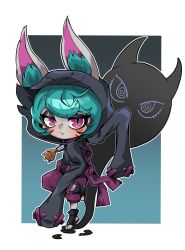 Rule 34 | 1girl, absurdres, animal ear fluff, beseunaj-jamjaneun gemdol-i, black background, black hoodie, blush, closed mouth, ears through headwear, fang, from side, full body, green background, green hair, highres, hood, hoodie, league of legends, long sleeves, looking at viewer, multicolored background, pants, pink eyes, pink pants, sandals, shoes, short hair, sleeves past fingers, sleeves past wrists, slit pupils, standing, standing on one leg, vex (league of legends), vex shadow (league of legends)