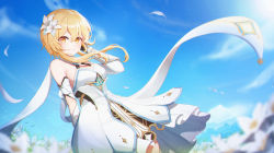 Rule 34 | 1girl, arm at side, arm behind back, bare shoulders, blonde hair, blue sky, blurry, blurry foreground, blush, breasts, commentary request, day, detached sleeves, dress, field, film grain, flower, flower field, genshin impact, grin, gya (144), hair between eyes, hair flower, hair ornament, hand in own hair, hand up, highres, lily (flower), long hair, looking at viewer, lumine (genshin impact), medium breasts, petals, ribbon, sky, smile, solo, white dress, white flower, white ribbon, wind, yellow eyes