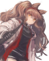 Rule 34 | 1girl, absurdres, angelina (arknights), animal ears, arknights, black gloves, black shirt, black shorts, breasts, brown hair, closed mouth, commentary request, cowboy shot, fox ears, gloves, hairband, highres, jacket, long hair, long sleeves, looking at viewer, medium bangs, medium breasts, mogukk, open clothes, open jacket, orange eyes, red hairband, shirt, shorts, simple background, smile, solo, two side up, wavy hair, white background, white jacket