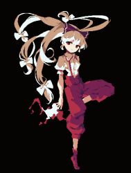 Rule 34 | 1girl, 4qw5, black background, bow, closed mouth, collared shirt, commentary request, expressionless, floating hair, fujiwara no mokou, full body, hair bow, highres, long hair, looking at viewer, pants, pixel art, puffy short sleeves, puffy sleeves, red bow, red eyes, red footwear, red pants, shirt, short sleeves, simple background, solo, standing, standing on one leg, suspenders, touhou, very long hair, white bow, white hair, white shirt