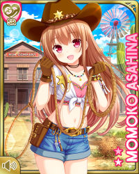 Rule 34 | 1girl, asahina momoko, belt, brown gloves, brown hair, brown hat, building, character name, clenched hands, cowboy hat, crop top, denim, denim shorts, girlfriend (kari), gloves, hat, lasso, long hair, midriff, navel, official art, open mouth, outdoors, pink shirt, pouch, qp:flapper, red eyes, rope, sheriff badge, shirt, short shorts, shorts, smile, solo, white shirt, windmill