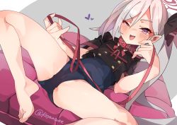 Rule 34 | 1girl, barefoot, black jacket, blue archive, blue one-piece swimsuit, blush, collar, cropped jacket, grey hair, heart, highres, jacket, koyansuee, leash, long hair, looking at viewer, mutsuki (blue archive), one-piece swimsuit, open mouth, panties, purple eyes, short sleeves, side ponytail, solo, spread legs, swimsuit, swimsuit under clothes, underwear