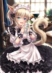 Rule 34 | 10s, 1girl, :d, animal ears, apron, black bow, black bowtie, black dress, black ribbon, blonde hair, blue eyes, board, bottle, bow, bowtie, brooch, buckle, cat ears, cat tail, center frills, chessboard, curtains, dress, drink, eyebrows, facial mark, fang, final fantasy, final fantasy xiv, frilled sleeves, frills, green eyes, hair ribbon, heterochromia, highres, holding, holding bottle, indoors, jewelry, long hair, looking at viewer, maid, maid apron, maid headdress, miqo&#039;te, moogle, open mouth, orb, paper, pillar, plant, ponytail, potted plant, production art, ribbon, sleeves past elbows, slit pupils, smile, sunlight, tail, tiphereth, treasure chest, waist apron, water bottle, white apron, window, wrist cuffs