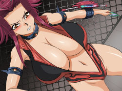 Rule 34 | 1girl, angry, biker clothes, bikesuit, blush, bodysuit, breasts, brown eyes, cameltoe, center opening, cleavage, clenched teeth, collar, duel disk, elbow gloves, female focus, fingerless gloves, gloves, hip focus, huge breasts, izayoi aki, large breasts, legs, lento (glamour works), leotard, navel, no bra, red hair, shiny skin, short hair, skin tight, solo, standing, teeth, thighs, turtleneck, unzipped, wallpaper, yu-gi-oh!, yu-gi-oh! 5d&#039;s, zipper