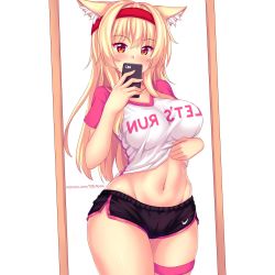 Rule 34 | 1girl, animal ear fluff, animal ears, blonde hair, blush, breasts, camera phone, cat ears, cellphone, clothes lift, commentary, cowboy shot, curvy, english commentary, facing viewer, hair between eyes, headband, highres, large breasts, lifted by self, long hair, midriff, mirror, navel, nottytiffy, original, patreon username, phone, red eyes, reflection, selfie, shiny skin, shirt, shirt lift, short shorts, shorts, slit pupils, smartphone, solo, standing, striped clothes, striped thighhighs, sweatband, t-shirt, thick thighs, thighhighs, thighs, tiffy (nottytiffy), watermark, web address, white background, wide hips