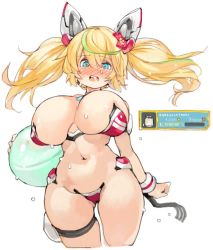 Rule 34 | 1girl, aqua eyes, areola slip, ball, beachball, blonde hair, blush, breasts, bursting breasts, cowboy shot, curvy, gene (pso2), green hair, huge breasts, midriff, multicolored hair, navel, phantasy star, phantasy star online 2, sachito, simple background, solo, stomach, sweat, twintails, two-tone hair, white background, wide hips