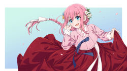 Rule 34 | 1girl, alternate hairstyle, blue eyes, blue ribbon, bocchi the rock!, braid, chima (clothes), clip studio paint (medium), commission, cube hair ornament, gotoh hitori, hair ornament, hanbok, highres, korean clothes, long hair, long skirt, long sleeves, open mouth, pink hair, pink top, pixiv commission, red skirt, ribbon, sanada (tony2035176), sidelocks, simple background, single braid, skirt, smile, solo