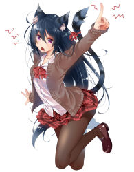 Rule 34 | 1girl, animal ear fluff, animal ears, arm up, black hair, bow, breasts, brown cardigan, brown footwear, brown pantyhose, cardigan, cat ears, cat girl, cat tail, collared shirt, commentary request, dress shirt, fingernails, full body, highres, index finger raised, loafers, long hair, long sleeves, open cardigan, open clothes, original, outstretched arm, pantyhose, plaid, plaid skirt, pleated skirt, red bow, red skirt, school uniform, shirt, shoes, skirt, sleeves past wrists, small breasts, solo, tail, tail bow, tail ornament, theta (ponkotsu works), translation request, very long hair, white shirt