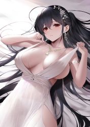 Rule 34 | 1girl, ahoge, an yasuri, azur lane, banned artist, black hair, breasts, breasts apart, cleavage, clothes pull, dress, dress pull, earrings, hair between eyes, hair ornament, highres, jewelry, large breasts, long hair, looking at viewer, lying, necklace, official alternate costume, on back, parted lips, red eyes, side slit, sideboob, solo, strap pull, taihou (azur lane), taihou (temptation on the sea breeze) (azur lane), very long hair, white dress