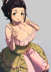 Rule 34 | 1girl, bare shoulders, black hair, blush, bow, breasts, choker, cleavage, collarbone, corset, dot nose, dress, ebihara naho, frilled choker, frilled dress, frills, green corset, green eyes, green skirt, grey background, hair bow, hair bun, hair ornament, hairclip, hands on own chest, hands up, highres, idolmaster, idolmaster cinderella girls, idolmaster cinderella girls starlight stage, large breasts, long hair, looking at viewer, neck ribbon, off-shoulder dress, off shoulder, open mouth, overskirt, pink bow, pink ribbon, pink sleeves, pink wristband, ponytail, print skirt, ribbon, ribbon-trimmed clothes, ribbon trim, simple background, single hair bun, sitting, skirt, smile, solo, totoro on, twitter username, white choker
