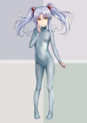 Rule 34 | 1girl, blue hair, bodysuit, breasts, brown eyes, cameltoe, character name, female focus, full body, hair bobbles, hair ornament, hoshino ruri, kidou senkan nadesico, looking at viewer, navel, parted bangs, parted lips, skin tight, small breasts, sody, solo, twintails